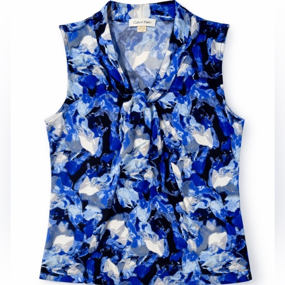 Calvin Klein Tops - Calvin Klein Floral Draped Neck Blouse Sleeveless Blue White Petite 8